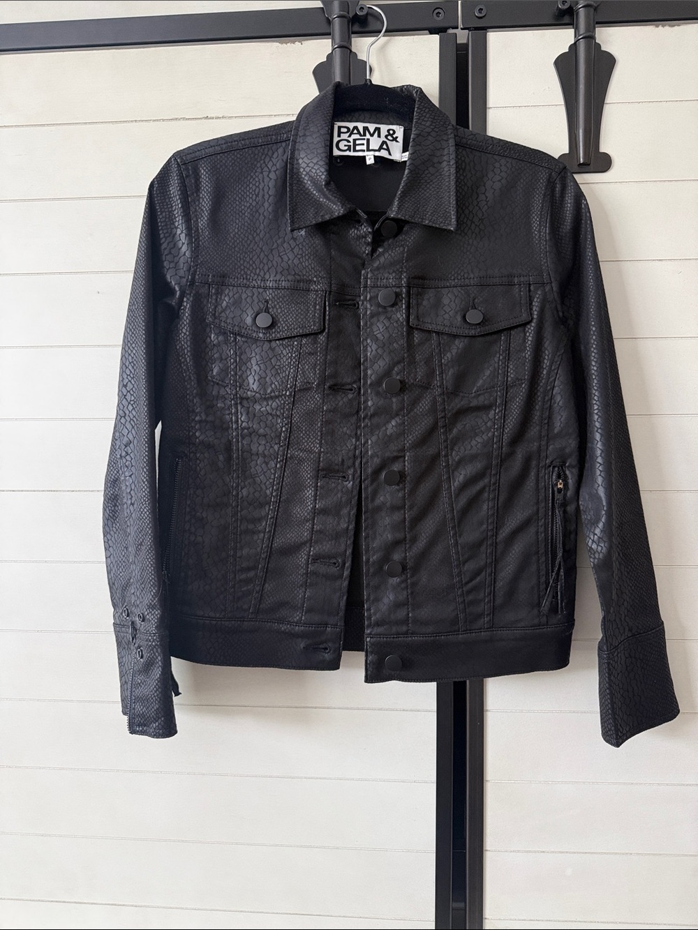 Pam & Gela Black Faux Leather Snakeskin-Texture Trucker Jacket